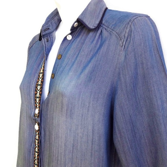 Miss Me Dresses & Skirts - Miss Me Shirt Dress Chambray Embroidered Trim Decorative Buttons Pockets XS